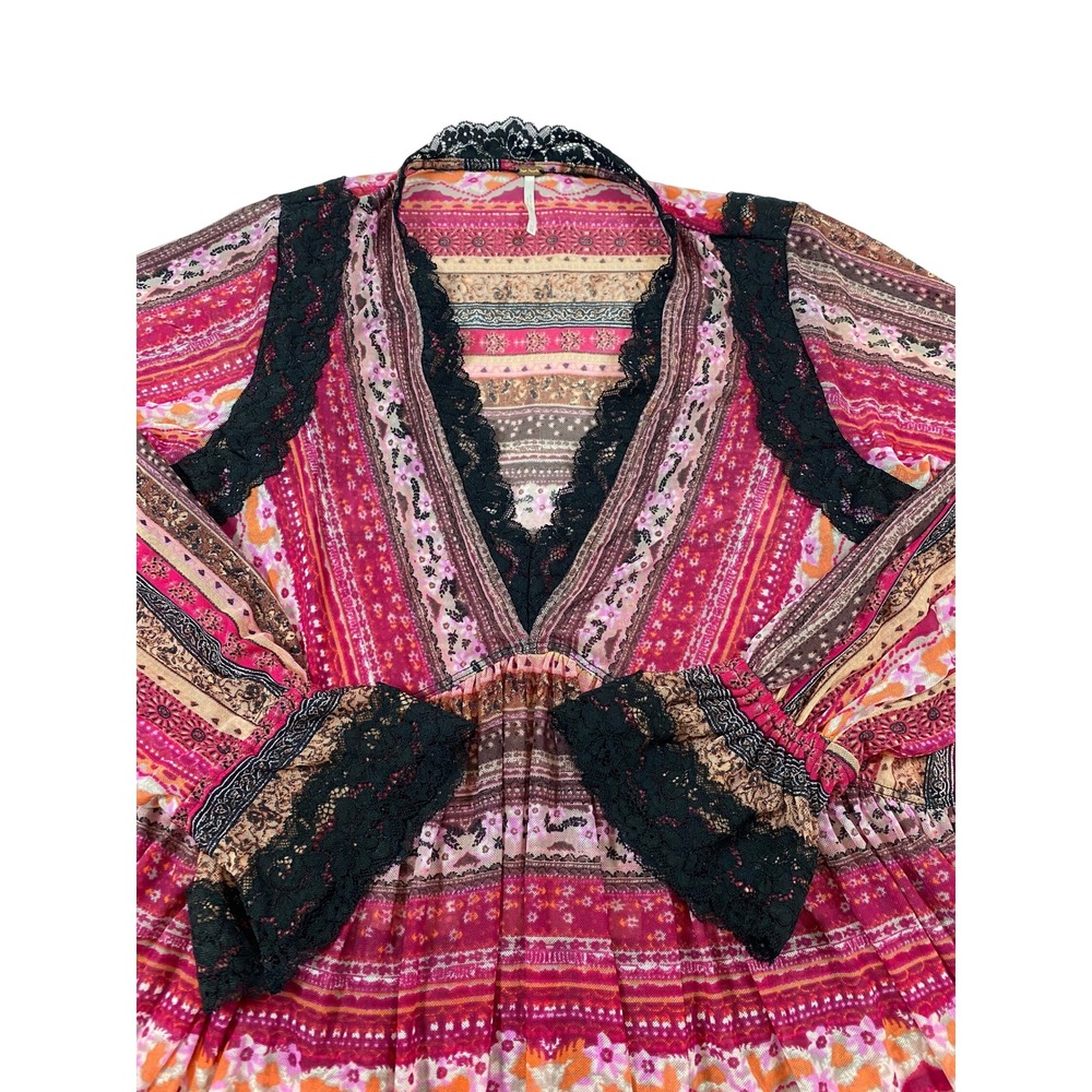 Free People Womens XS Pink Paisley Lace Trim Babydoll Tunic Long Sleeve Top